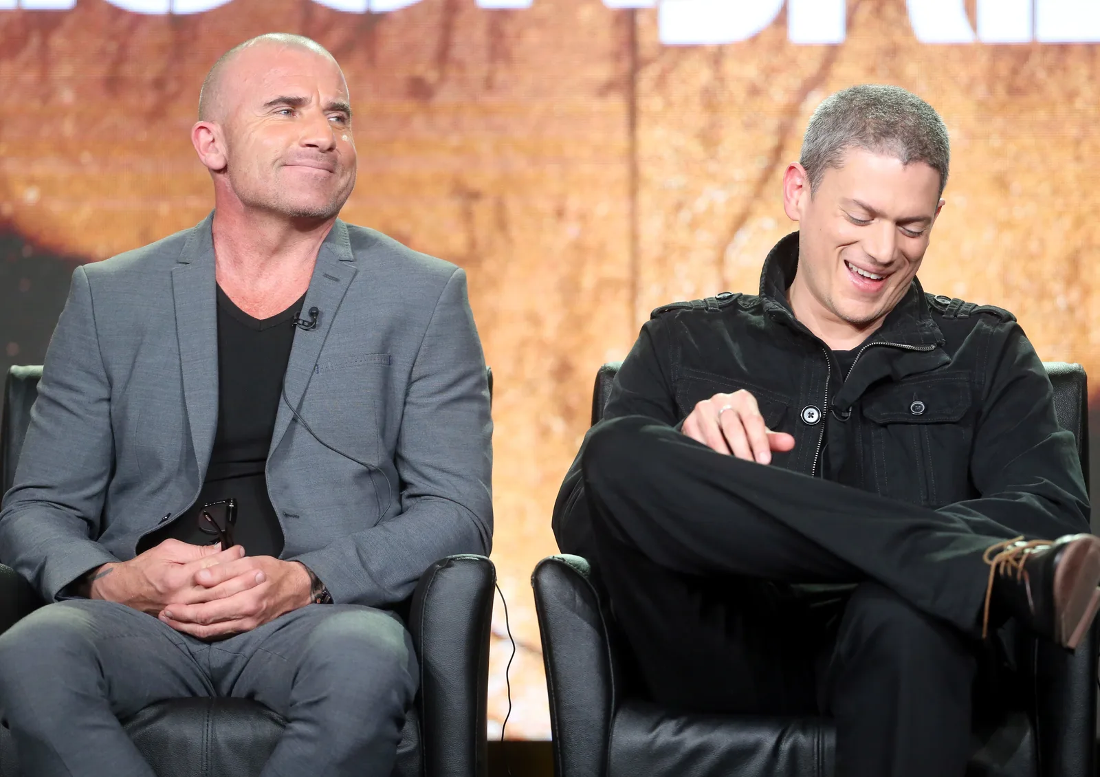 Dominic Purcell and Wentworth Miller speak onstage during the Fox portion of the 2017 Winter Television Critics Association Press Tour on January 11, 2017, in Pasadena, California.