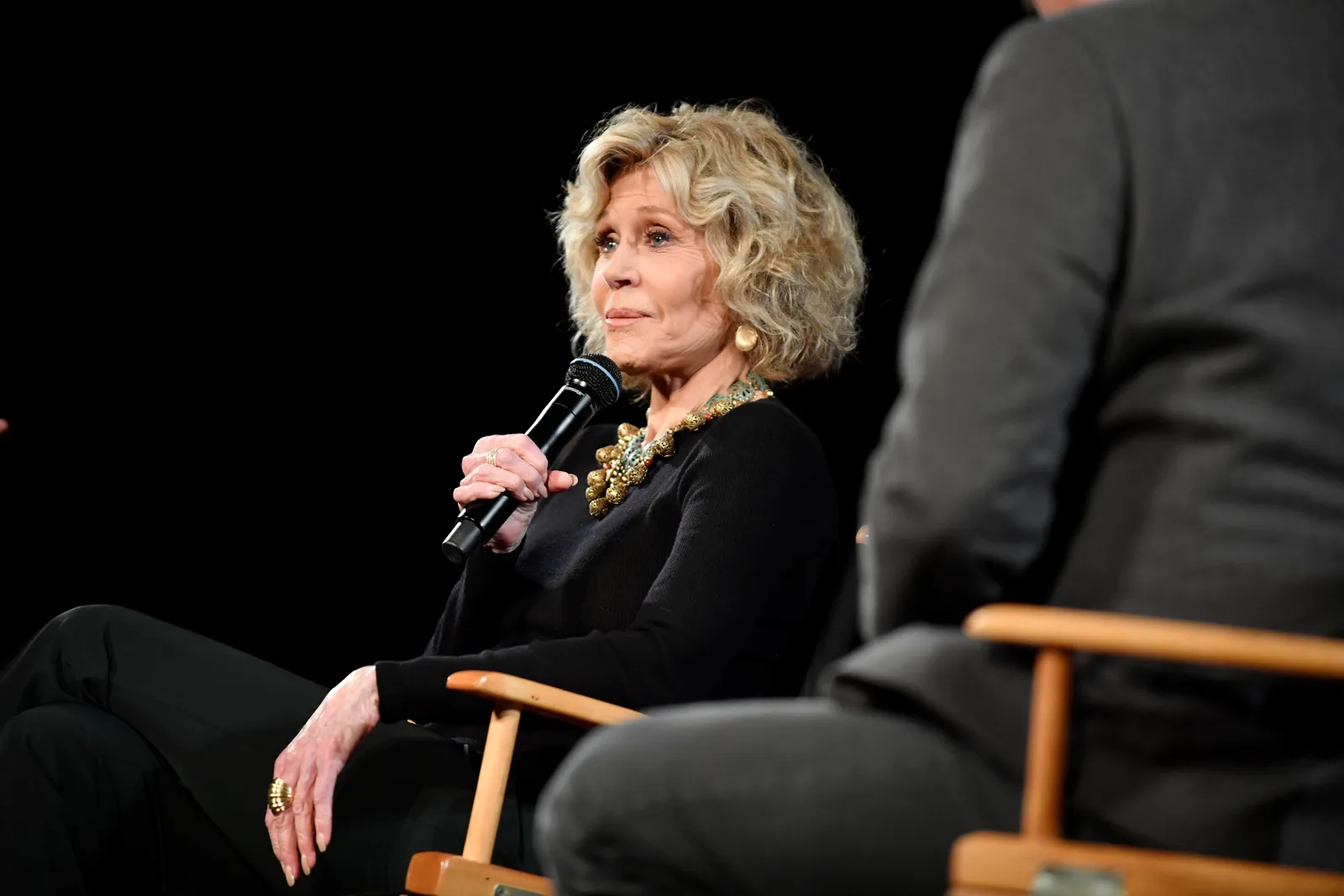 Jane Fonda speaks onstage during a public conversation in New York City in 2019.