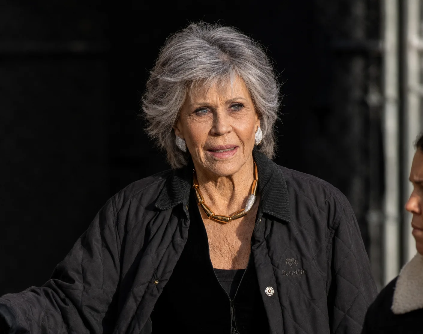 The image presents an imagined version of Fonda with naturally aged facial features while maintaining her signature hairstyle and expression.