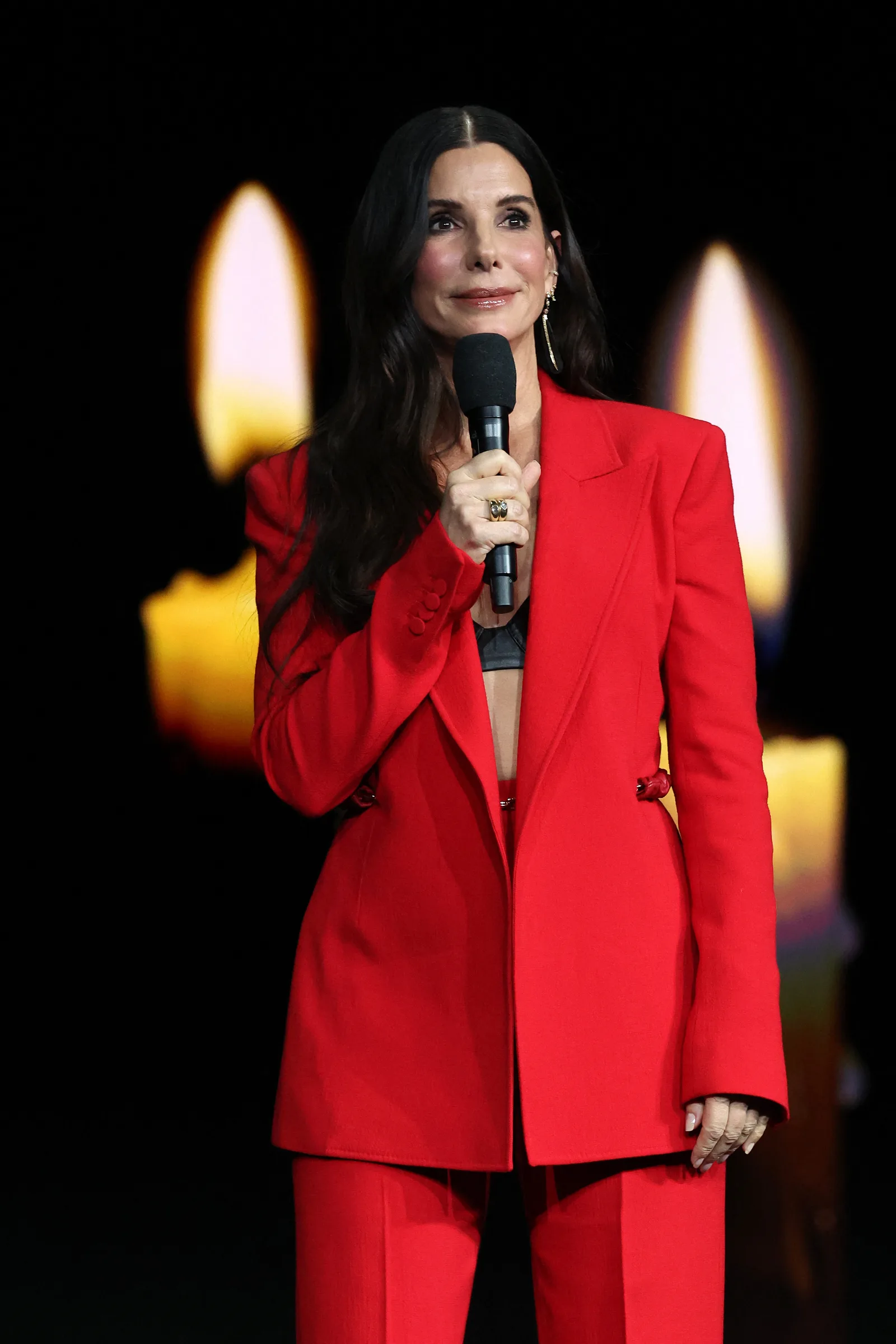Sandra Bullock ontstage promoting her upcoming film "Practical Magic 2" during the Warner Bros presentation at CinemaCon in Las Vegas, Nevada on April 14, 2026.