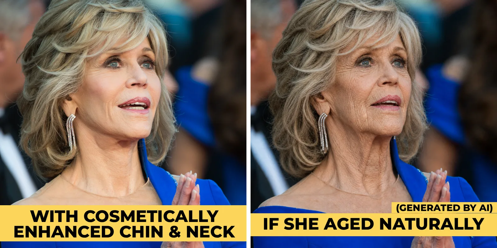 A recent photo of Jane Fonda (left) shown alongside an AI-generated interpretation.