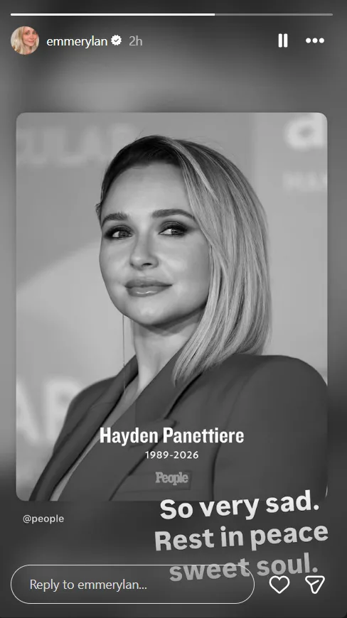 Emme Rylan shared a black-and-white portrait marking Hayden Panettiere's life from 1989 to 2026. The actress expressed her sadness and paid tribute to Hayden following her death.