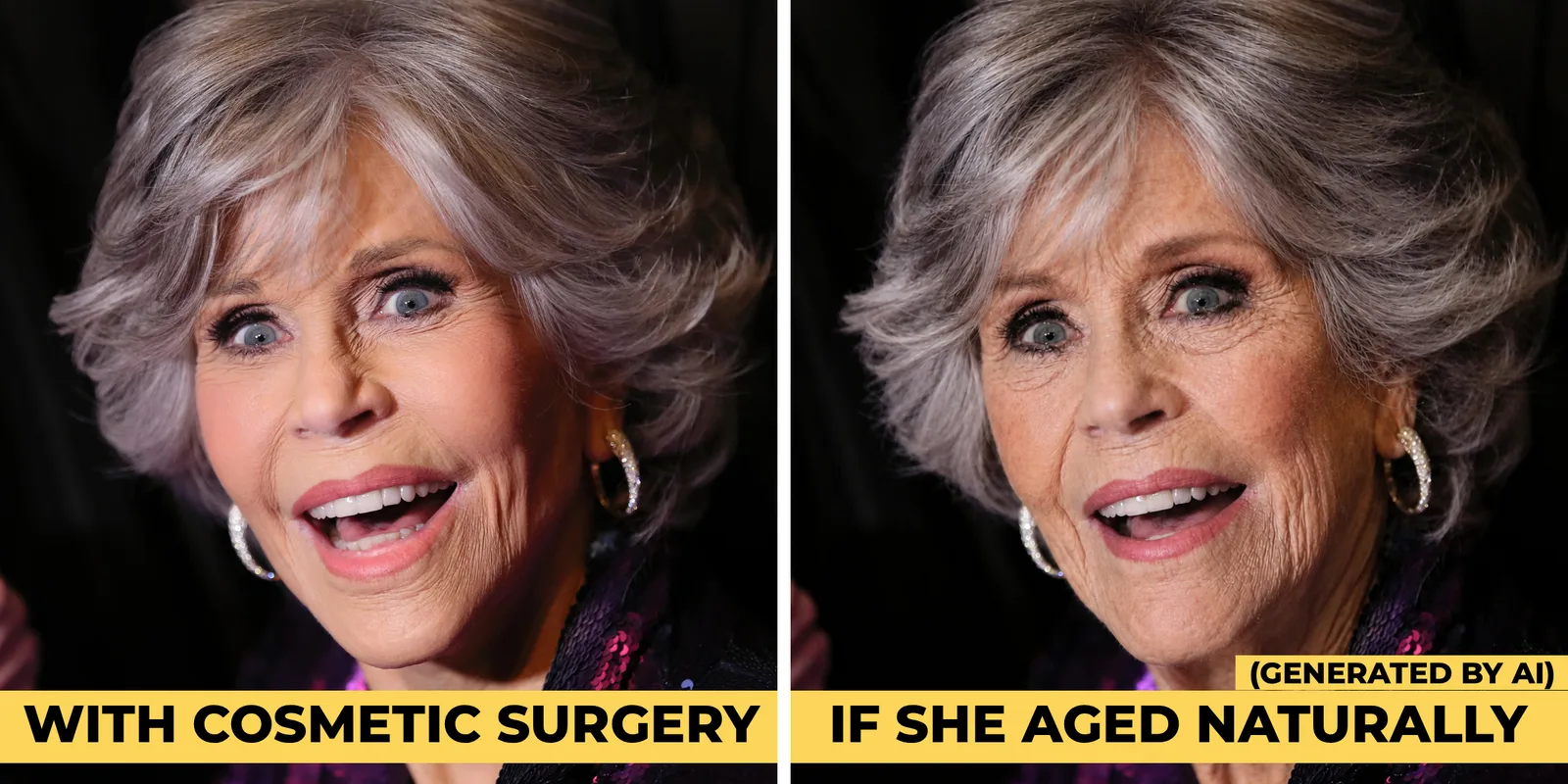 Jane Fonda's actual appearance (left) compared with an AI-generated interpretation.