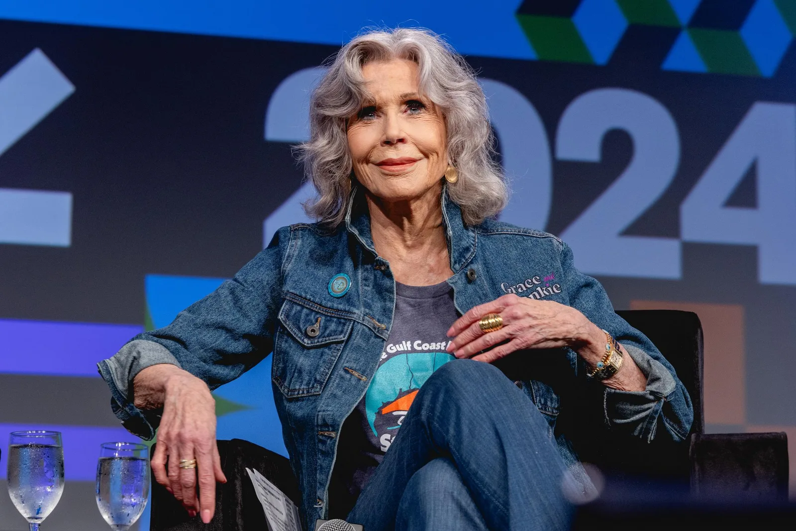 Jane Fonda speaks during a public event in 2024, continuing her advocacy work while remaining active in public life.