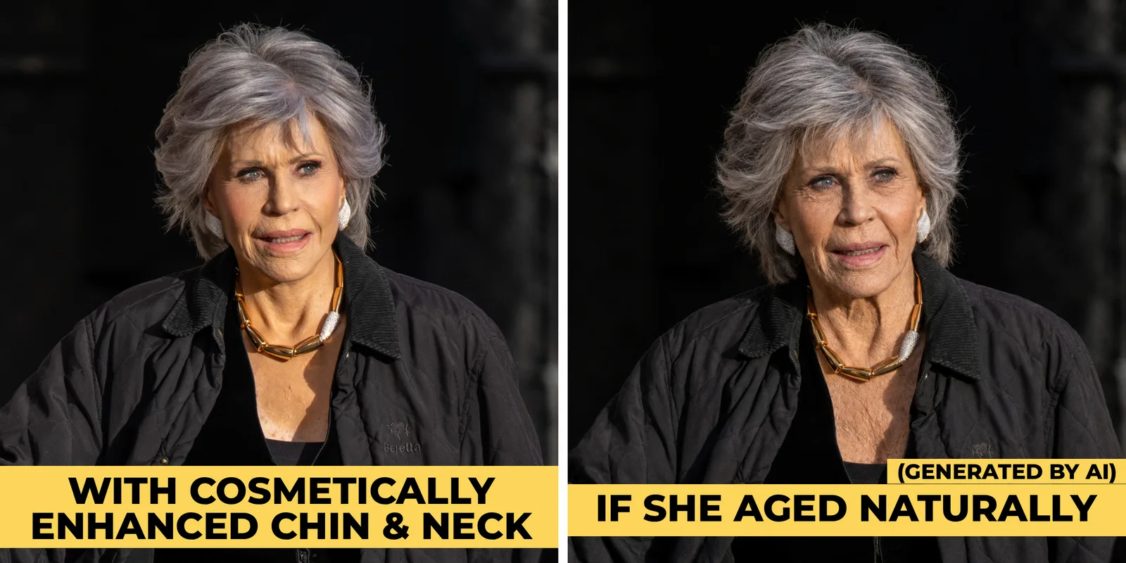 A side-by-side comparison of Jane Fonda's actual appearance (left) and an AI-generated visualization.