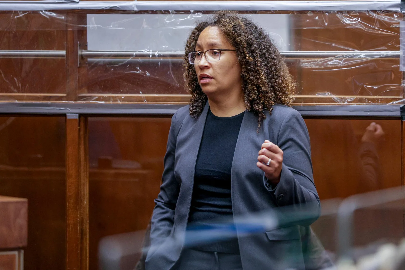 Deputy Public Defender Kimberly Greene addresses the court during Nick Reiner's arraignment in Los Angeles on February 23, 2026