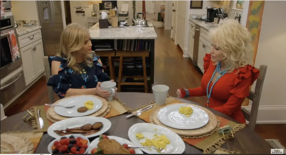 Dolly Parton speaks with Reese Witherspoon at her home on July 17, 2018