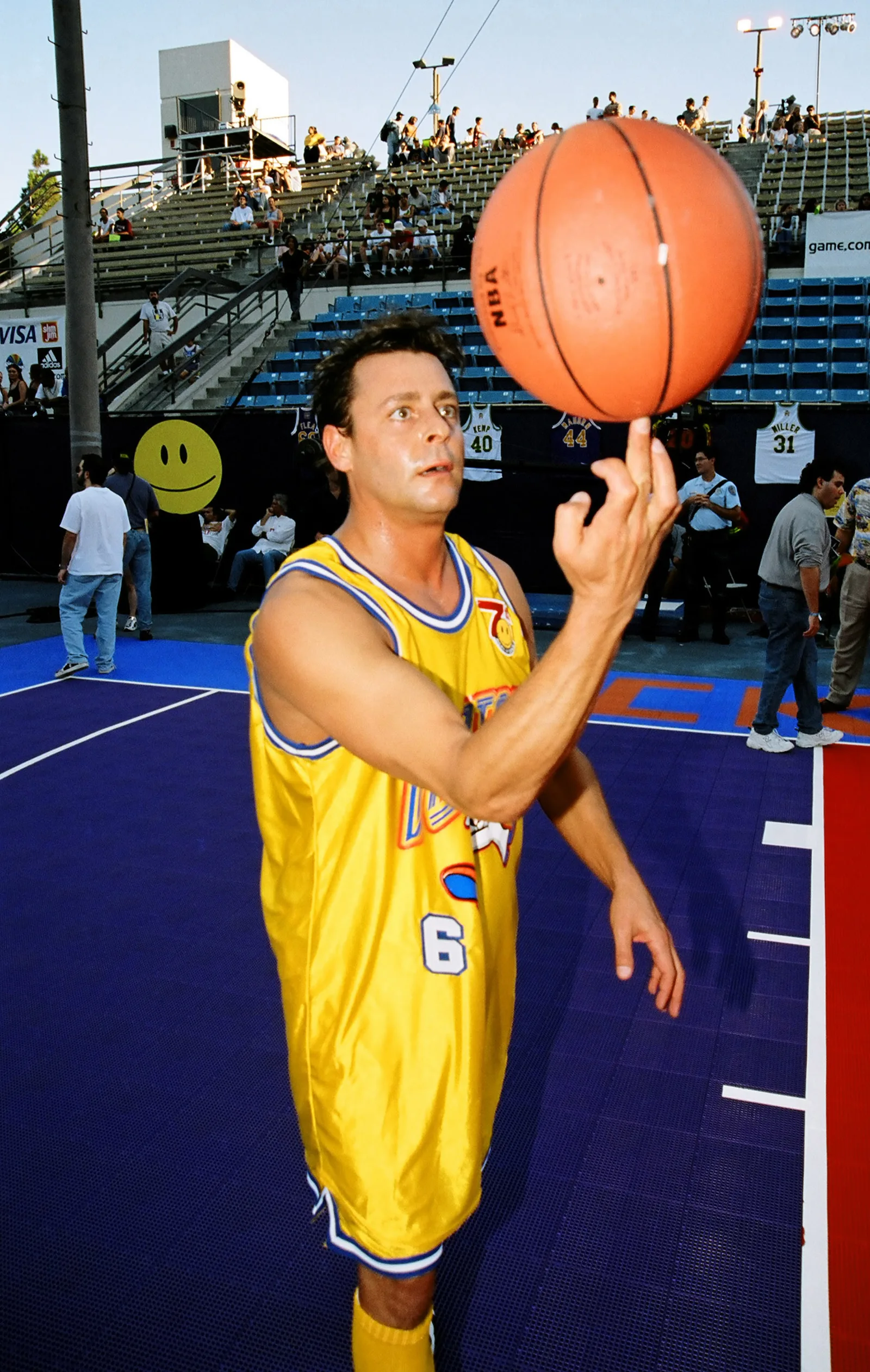 Showing off his skills by spinning a basketball on his finger right on the court, the actor participated in the 1997 MTV Rock 'n Jock Basketball event in Los Angeles, California.