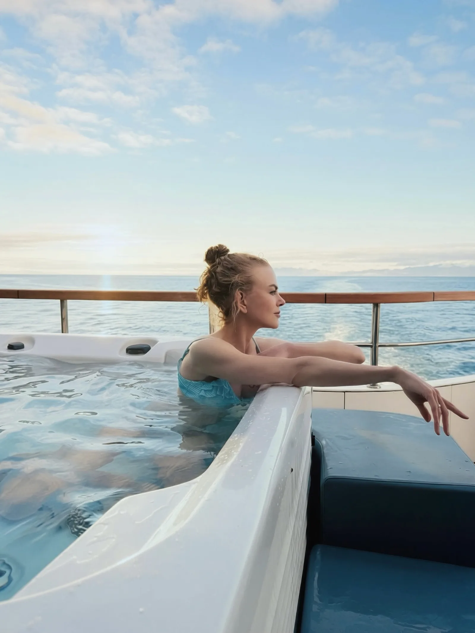 Taking relaxation to the next level, the actress unwinds in an onboard hot tub as the ship navigates northern waters. Sweeping her hair up into a sleek bun, she took in panoramic ocean views from the deck.