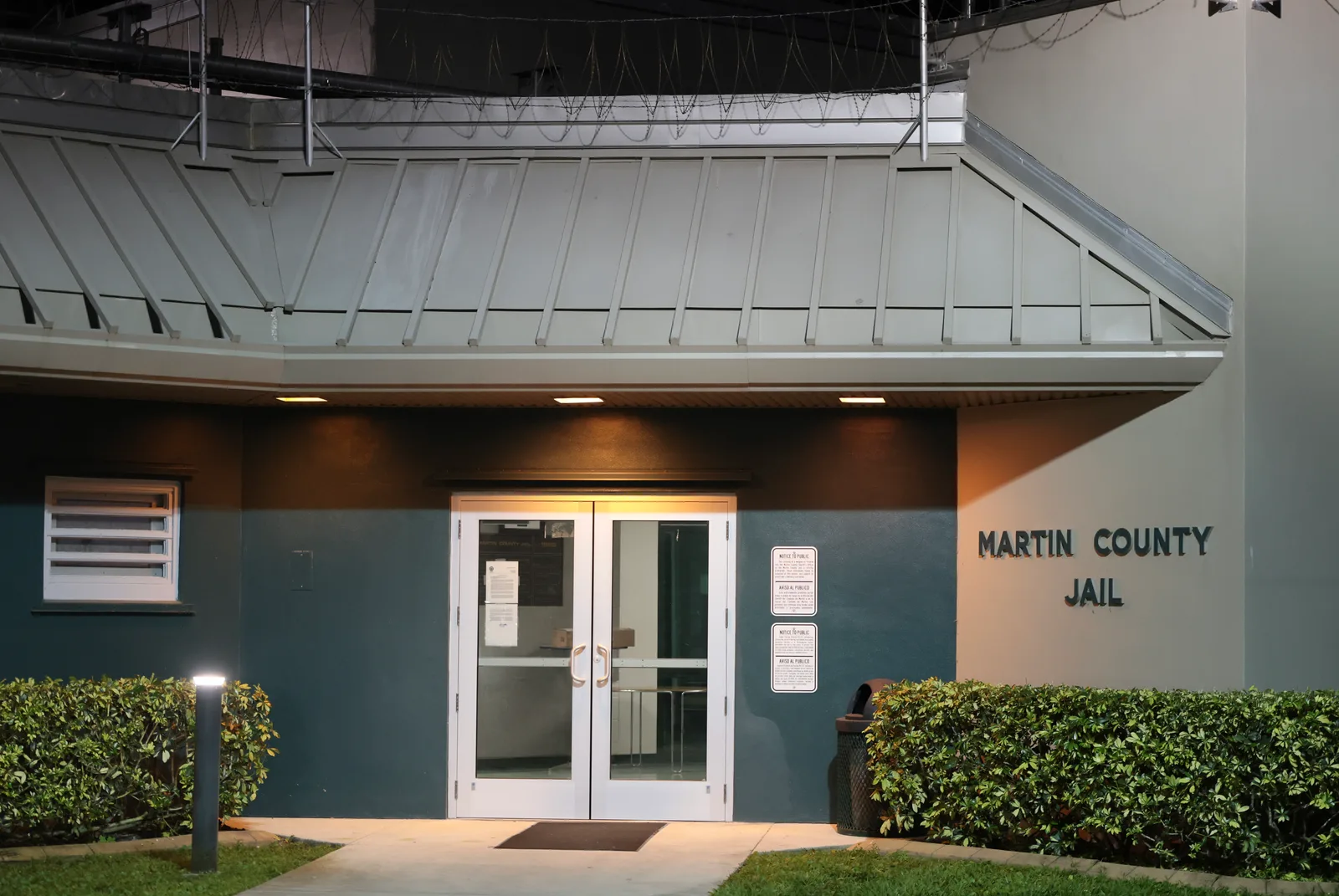 The front entrance to the Martin County Jail is seen where golfer Tiger Woods is being held in Stuart, Florida on March 27, 2026.