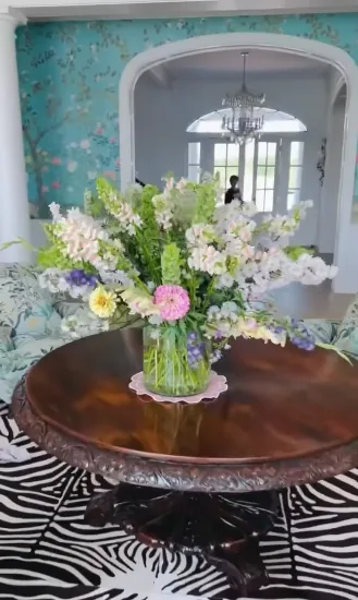 The mansion's interiors offer a striking contrast to the surrounding country landscape. The decorative details hint that Stefani's famously expressive aesthetic did not disappear when she moved into Shelton's Oklahoma world.